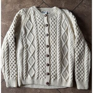 Iris Free hand knit Cable Cardigan Cream Fisherman Wool Sweater Measures Med.